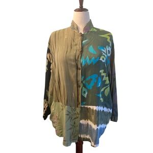 Wild Woman Wild Thing Mixed Print Batik Patchwork Rayon Shirt Green Blue L/XL